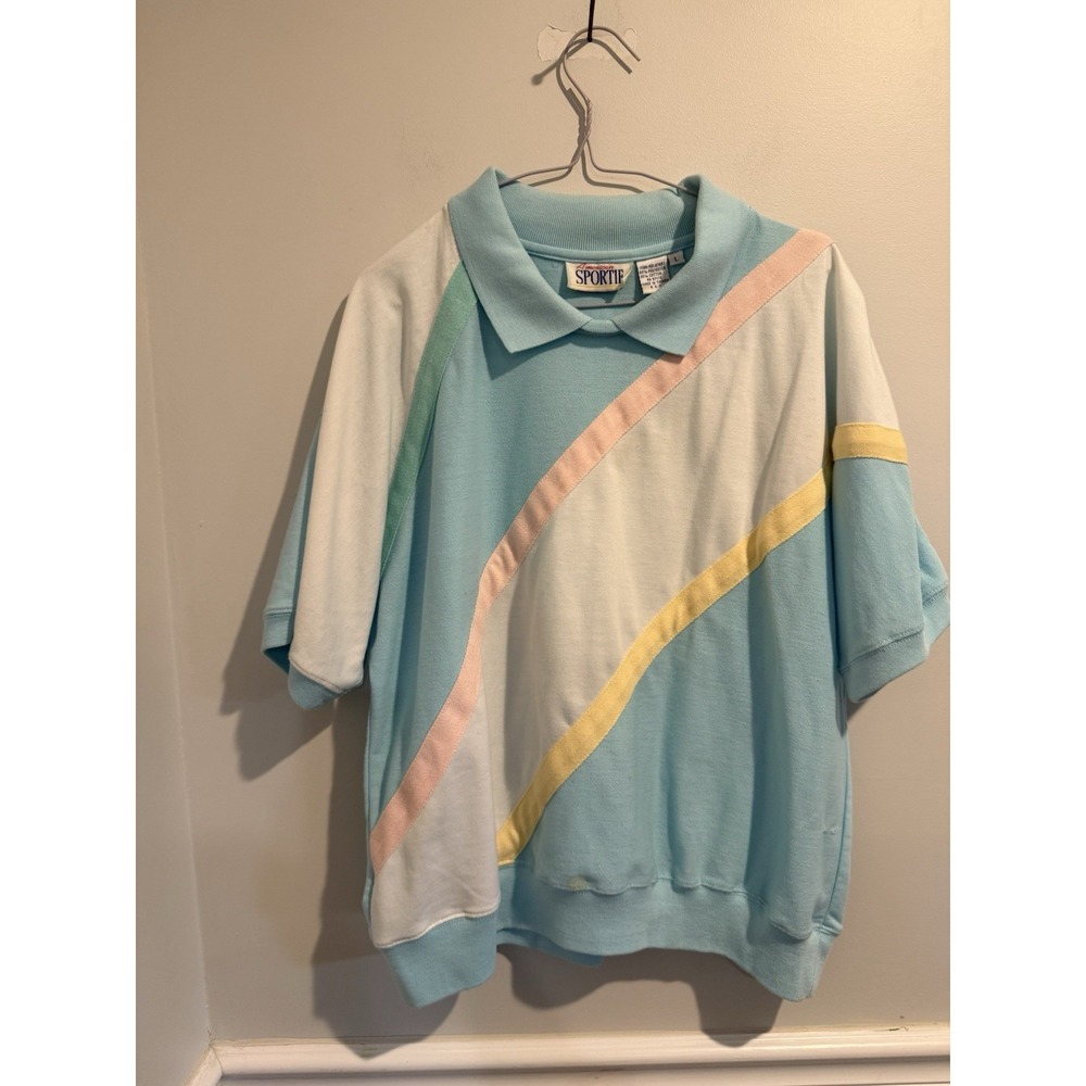 American Sportif 80's Vintage Pastel Colorblock Lightweight Polo Sweatshirt‎